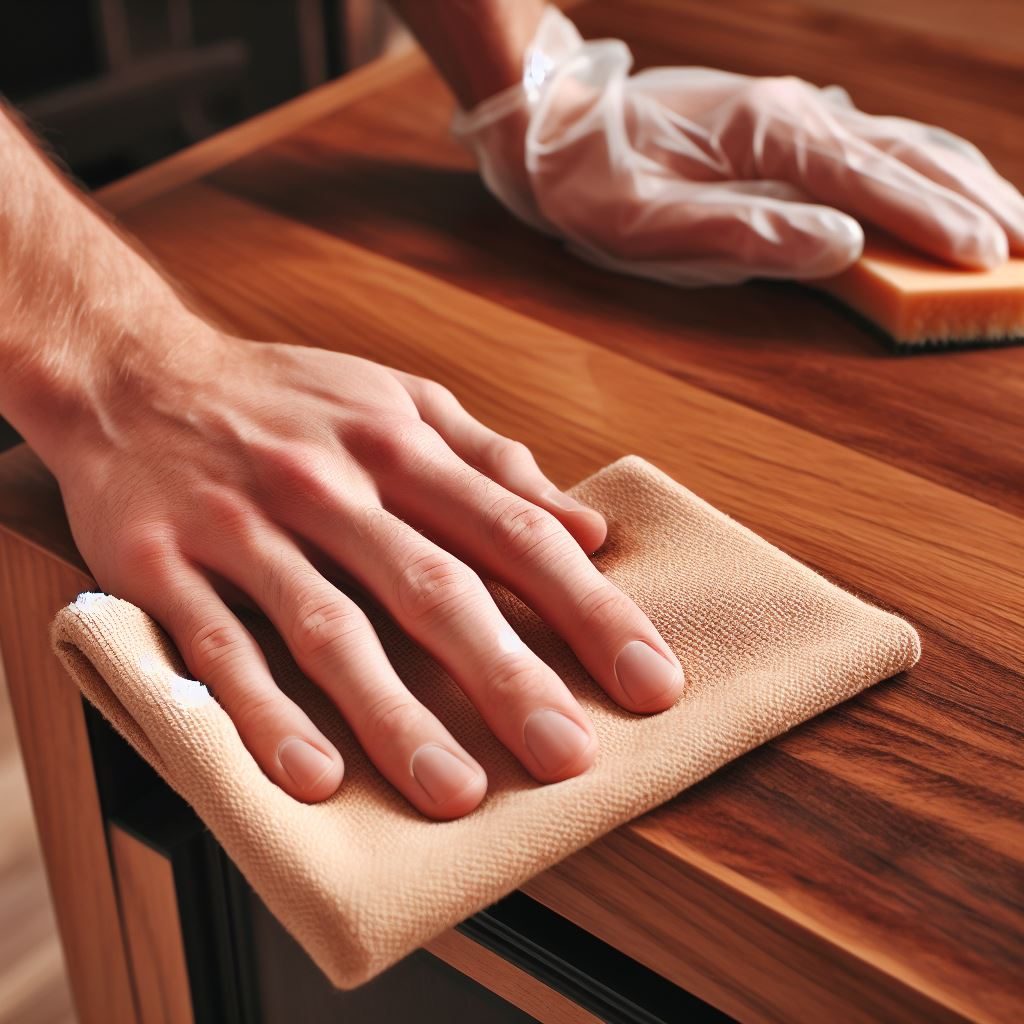 Hands finishing a cabinet door in the Exquisite Finishing shop
